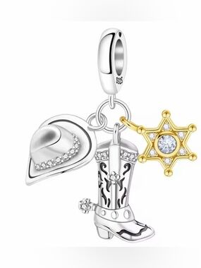 Silver Sparkle & Gold Cowboy Boots & Hat Triple Dangle Charm